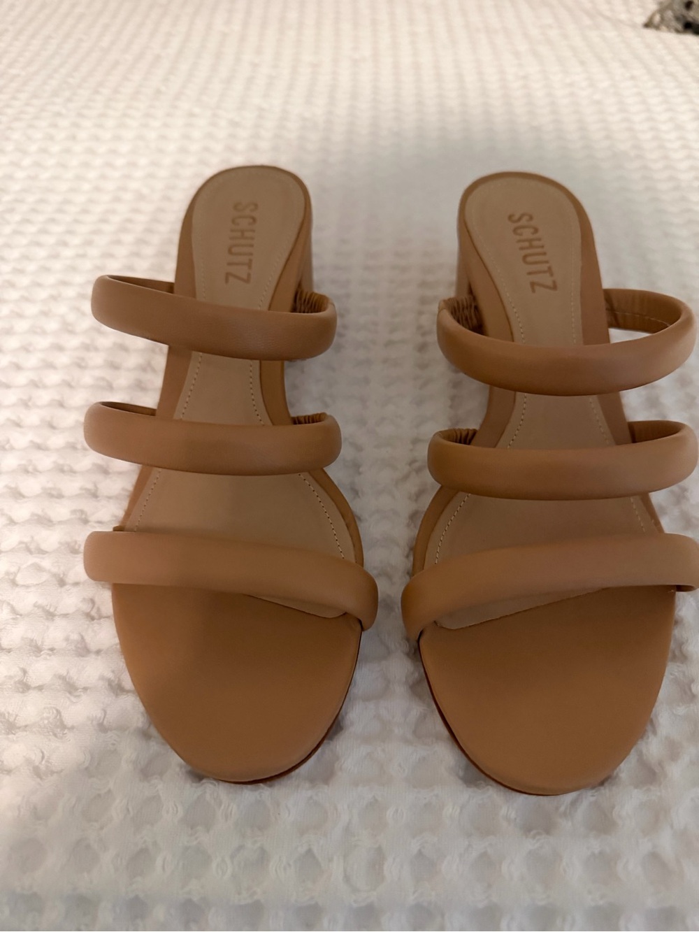 SCHUTZ Tan Triple-Strap Padded Slide Mules